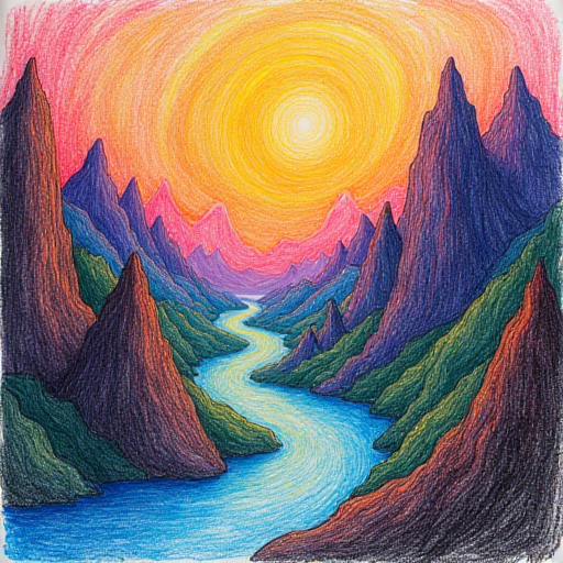 Crayon drawing of mountainous landscape river passing through the middle. Generated using FLUX1.dev.